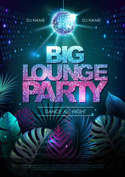 Summer Big Lounge Party Typography Poster Fluorescent Tropic Leaves Nature — Stockový vektor