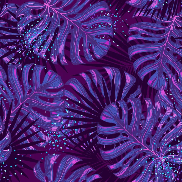 Luxusní Bezešvý Vzor Fluorescenčními Tropickými Listy Tmavém Pozadí Vektorová Ilustrace — Stockový vektor