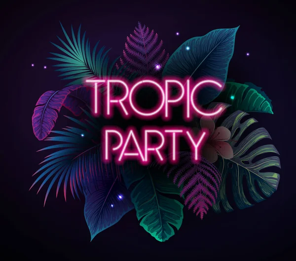 Summer Party Typography Poster Fluorescent Tropic Leaves Nature Concept Summer — Vetor de Stock