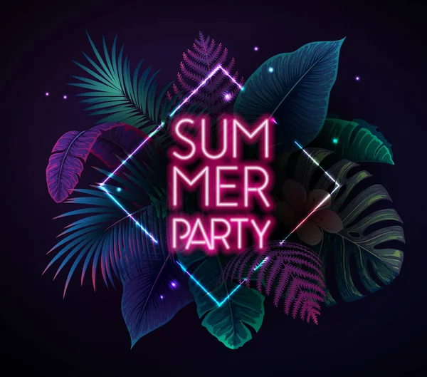 Summer Party Typography Poster Fluorescent Tropic Leaves Nature Concept Summer — 스톡 벡터