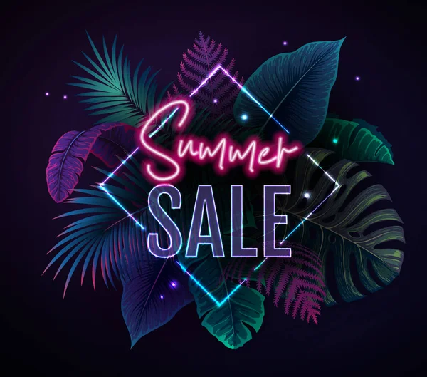 Summer Big Sale Typography Poster Fluorescent Tropic Leaves Nature Concept — Stok Vektör