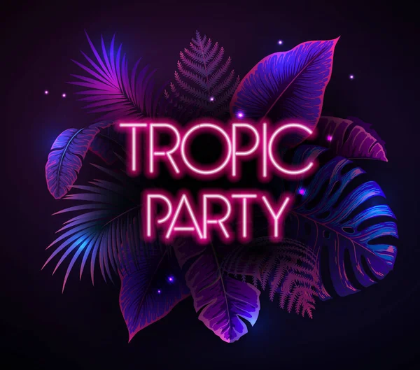Summer Party Typography Poster Fluorescent Tropic Leaves Nature Concept Summer — 图库矢量图片