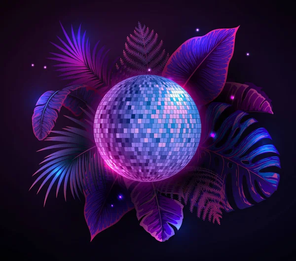 Disco Ball Illustration Fluorescent Tropic Leaves Nature Concept Summer Party — Stockvector