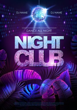 Summer disco party typography poster with fluorescent tropic leaves. Nature concept. Summer background. Vector illustration