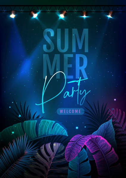 夏季派对字体海报与荧光热带叶和光斑 自然概念 夏天的背景矢量说明 — 图库矢量图片