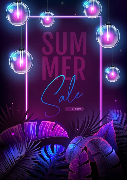 Summer Big Sale Typography Poster Electric Modern Lamps Fluorescent Tropic — Archivo Imágenes Vectoriales