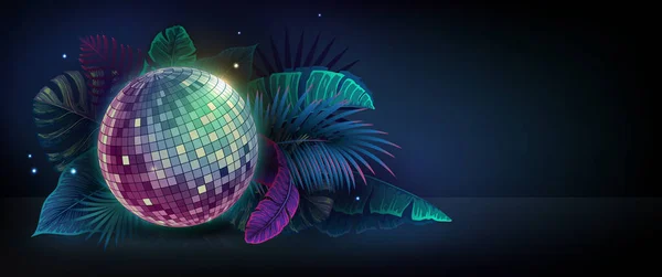 Disco Ball Illustration Fluorescent Tropic Leaves Concepto Naturaleza Cartel Fiesta — Vector de stock