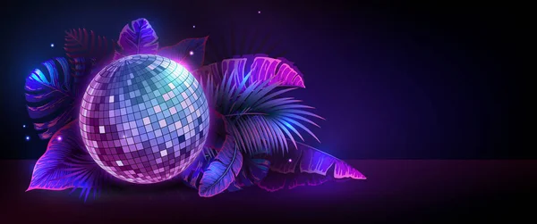 Disco Ball Illustration Fluorescent Tropic Leaves Nature Concept Summer Party — 图库矢量图片