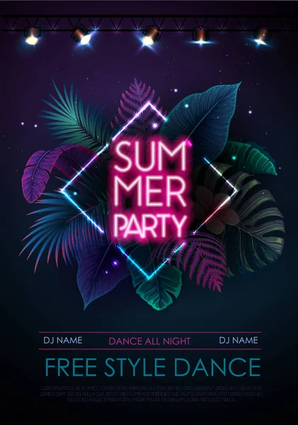 Summer Party Typography Poster Fluorescent Tropic Leaves Spot Light Nature — Archivo Imágenes Vectoriales