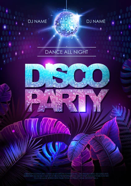 Summer Disco Party Τυπογραφική Αφίσα Φθορίζοντα Τροπικά Φύλλα Έννοια Της — Διανυσματικό Αρχείο
