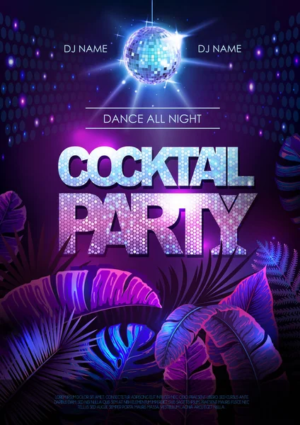 Summer Disco Cocktail Party Typography Poster Fluorescent Tropic Leaves Nature — ストックベクタ