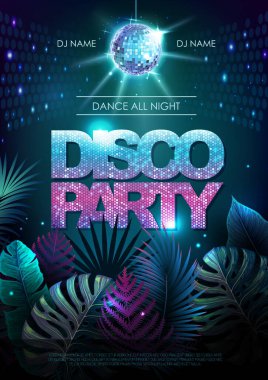 Summer disco party typography poster with fluorescent tropic leaves. Nature concept. Summer background. Vector illustration