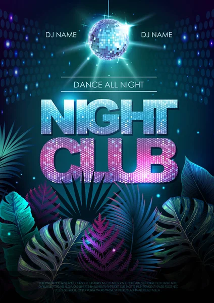 Summer Disco Party Typography Poster Fluorescent Tropic Leaves Nature Concept — Archivo Imágenes Vectoriales