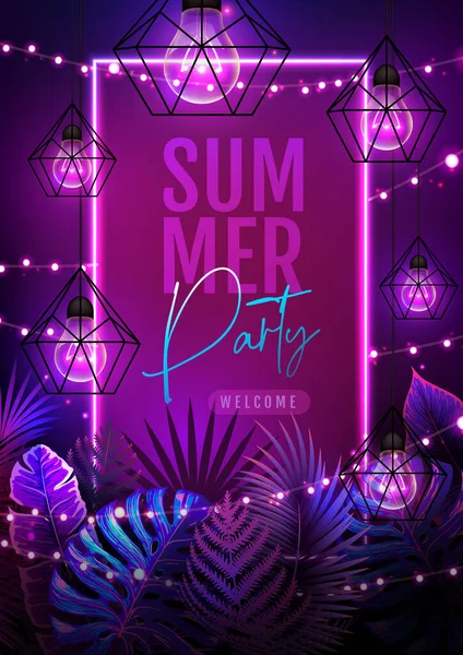 Summer Party Poster Fluorescent Tropic Leaves Modern Electric Lamps Nature — Stock vektor