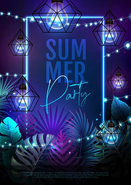 Summer Party Poster Fluorescent Tropic Leaves Modern Electric Lamps Nature — Vettoriale Stock