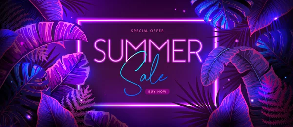 Summer Big Sale Typography Poster Fluorescent Tropic Leaves Nature Concept — Stockvector
