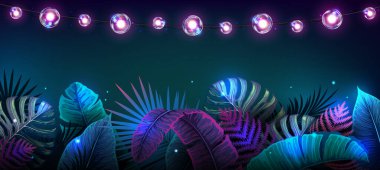 Elektrik lambaları ve floresan tropik yapraklarla yaz arkaplanı. Doğa konsepti. Vektör illüstrasyonu