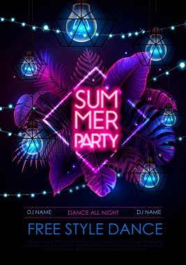Summer party poster with fluorescent tropic leaves and modern electric lamps. Nature concept. Summer background. Vector illustration