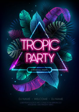 Summer party typography poster with fluorescent tropic leaves. Nature concept. Summer background. Vector illustration