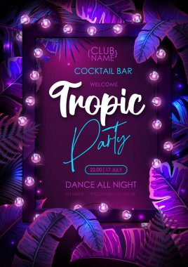 Flüoresan tropik yaprakları ve modern elektrik lambaları olan bir yaz partisi posteri. Doğa konsepti. Yaz dönemi. Vektör illüstrasyonu
