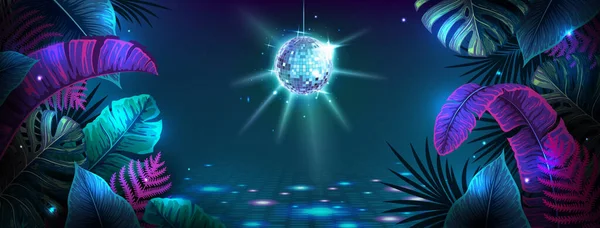 Disco Ball Illustration Fluorescent Tropic Leaves Nature Concept Summer Party — Vector de stock