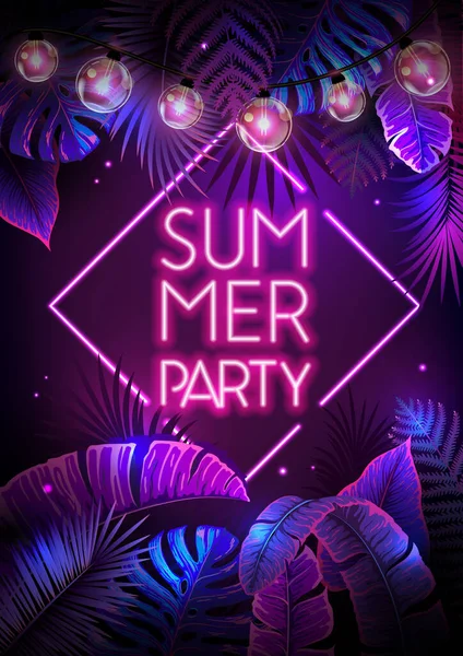 Summer Party Poster Fluorescent Tropic Leaves Modern Electric Lamps Nature — Stock vektor