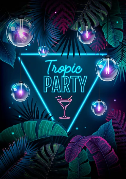 Summer Tropic Party Poster Fluorescent Tropic Leaves Modern Electric Lamps — Vetor de Stock