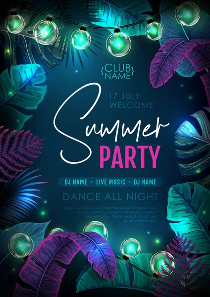 Summer Tropic Party Poster Fluorescent Tropic Leaves Modern Electric Lamps — Stockový vektor
