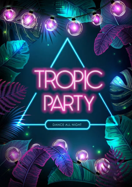 Summer Tropic Party Poster Fluorescent Tropic Leaves Modern Electric Lamps — Vetor de Stock