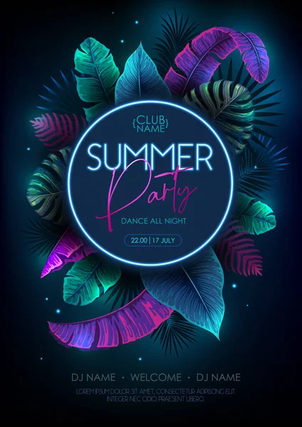 Summer Party Typography Poster Fluorescent Tropic Leaves Nature Concept Summer — Stock vektor