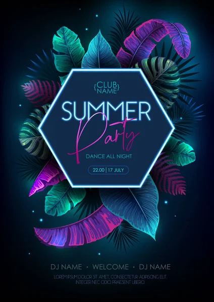 Cartel Tipografía Fiesta Verano Con Hojas Tropicales Fluorescentes Concepto Naturaleza — Archivo Imágenes Vectoriales