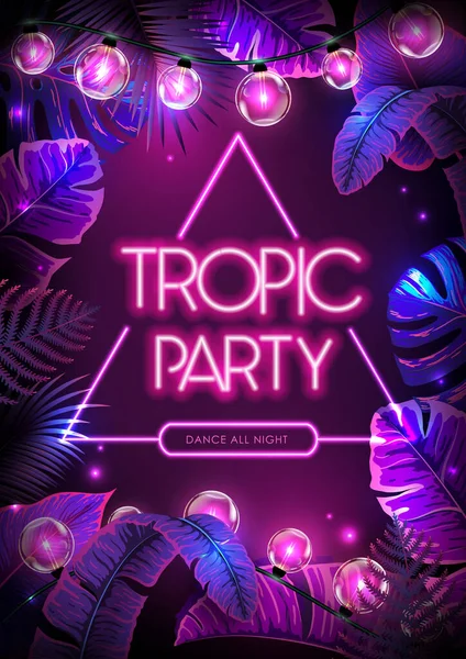 Summer Tropic Party Poster Fluorescent Tropic Leaves Modern Electric Lamps — 图库矢量图片