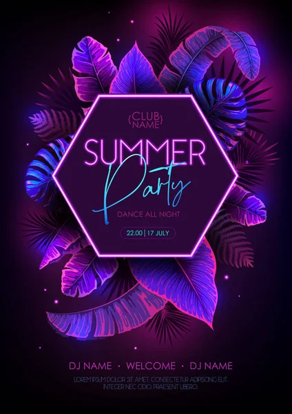 Summer Party Typography Poster Fluorescent Tropic Leaves Nature Concept Summer — 스톡 벡터