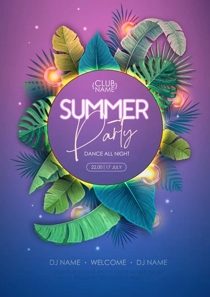Summer Disco Party Poster Tropic Leaves Electric Lamps Summer Tropic — 스톡 벡터
