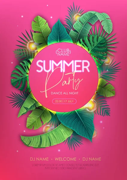 Summer Disco Party Poster Tropic Leaves Electric Lamps Summer Tropic — 스톡 벡터