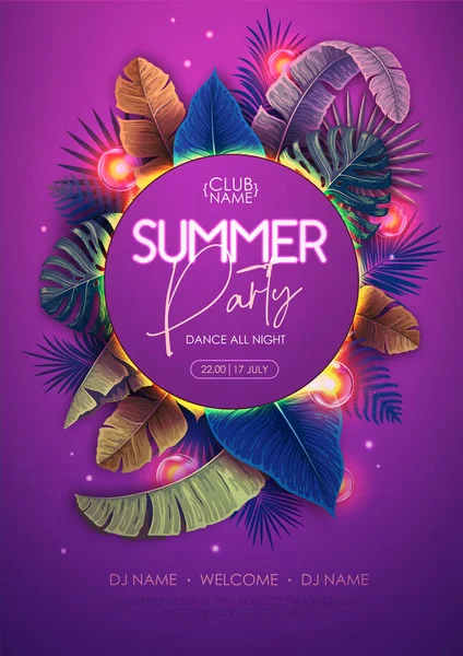 Cartaz Festa Disco Verão Com Folhas Trópicas Lâmpadas Elétricas Verão — Vetor de Stock