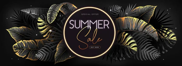 Summer Big Sale Typography Poster Black Gold Tropic Leaves Nature — 图库矢量图片