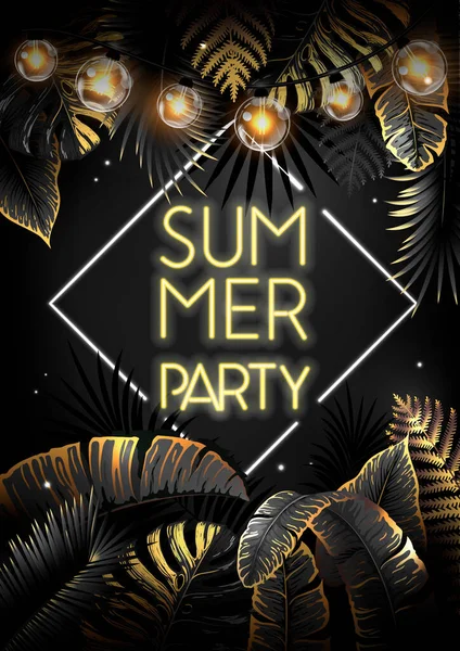 Summer Party Poster Black Gold Tropic Leaves Modern Electric Lamps — 图库矢量图片