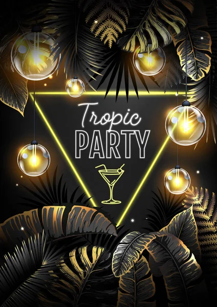 Summer Tropic Party Poster Black Gold Tropic Leaves Modern Electric — Vetor de Stock