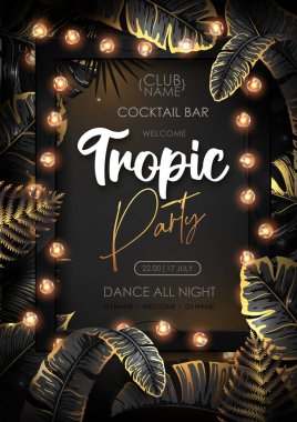 Siyah ve altın renkli tropik yaprakları ve modern elektrik lambaları olan bir yaz partisi posteri. Doğa konsepti. Yaz dönemi. Vektör illüstrasyonu