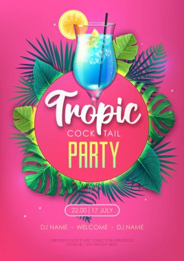 Summer tropic cocktail party poster with tropic leaves. Nature concept. Summer background. Vector illustration