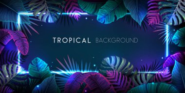 Neon çerçeveli ve floresan tropik yapraklı yaz arkaplanı. Doğa konsepti. Vektör illüstrasyonu