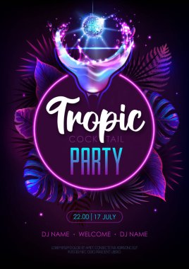 Summer tropic cocktail party poster with fluorescent tropic leaves and disco ball. Nature concept. Summer background. Vector illustration