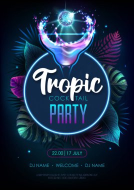 Summer tropic cocktail party poster with fluorescent tropic leaves and disco ball. Nature concept. Summer background. Vector illustration