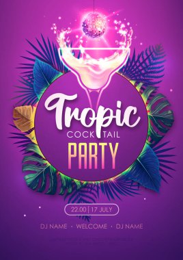 Summer tropic cocktail party poster with tropic leaves and disco ball. Nature concept. Summer background. Vector illustration