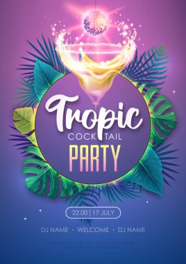 Summer tropic cocktail party poster with tropic leaves and disco ball. Nature concept. Summer background. Vector illustration