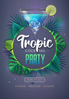 Summer tropic cocktail party poster with tropic leaves. Nature concept. Summer background. Vector illustration