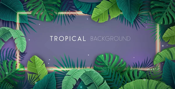 Summer Tropic Background Neon Frame Tropic Leaves Nature Concept Vector — Vector de stock