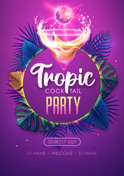 Summer Tropic Cocktail Party Poster Tropic Leaves Disco Ball Nature — Stock Vector