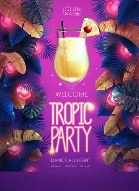 Summer tropic cocktail party poster with tropic leaves and modern electric lamps. Nature concept. Summer background. Vector illustration